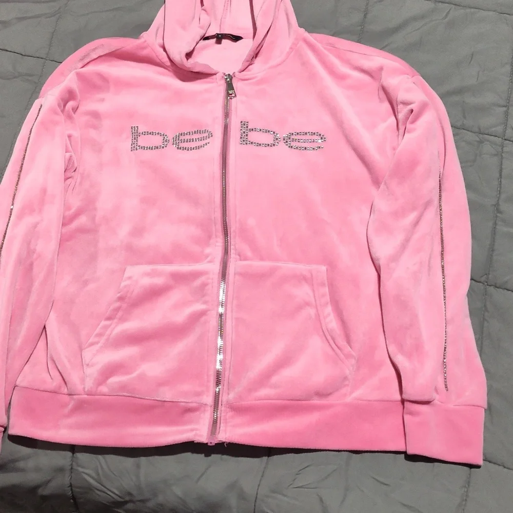 Bebe Pink Velour Matching Outfit with Rhinestone Logo Size Small. - Picture 3 of 7